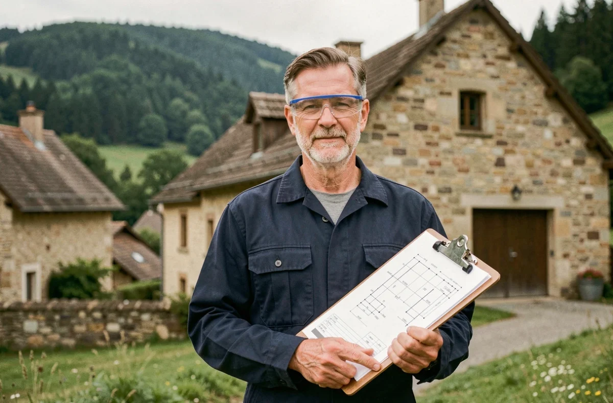 Électricien professionnel devant une maison dans les Vosges, représentant les meilleurs électriciens de la région