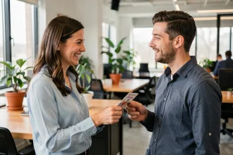 Collègue qui offre une carte d'anniversaire en retard avec un sourire amusé dans un bureau moderne