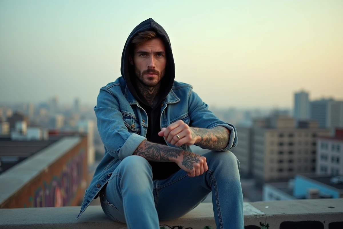 Musicien en rooftop avec tatouages et skyline urbaine
