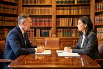 Deux professionnels en négociation contractuelle autour d'une table en acajou dans un cabinet juridique parisien, illustrant le devoir de loyauté précontractuelle de l'article 1112-1 du Code civil