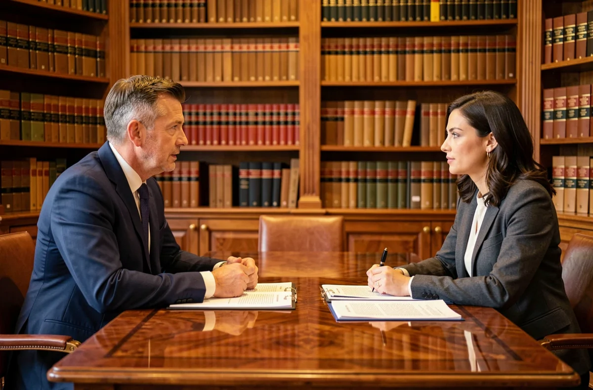 Deux professionnels en négociation contractuelle autour d'une table en acajou dans un cabinet juridique parisien, illustrant le devoir de loyauté précontractuelle de l'article 1112-1 du Code civil