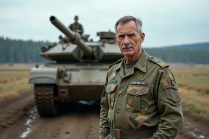 Officier militaire à côté d’un char Leopard 2A en terrain d’entraînement