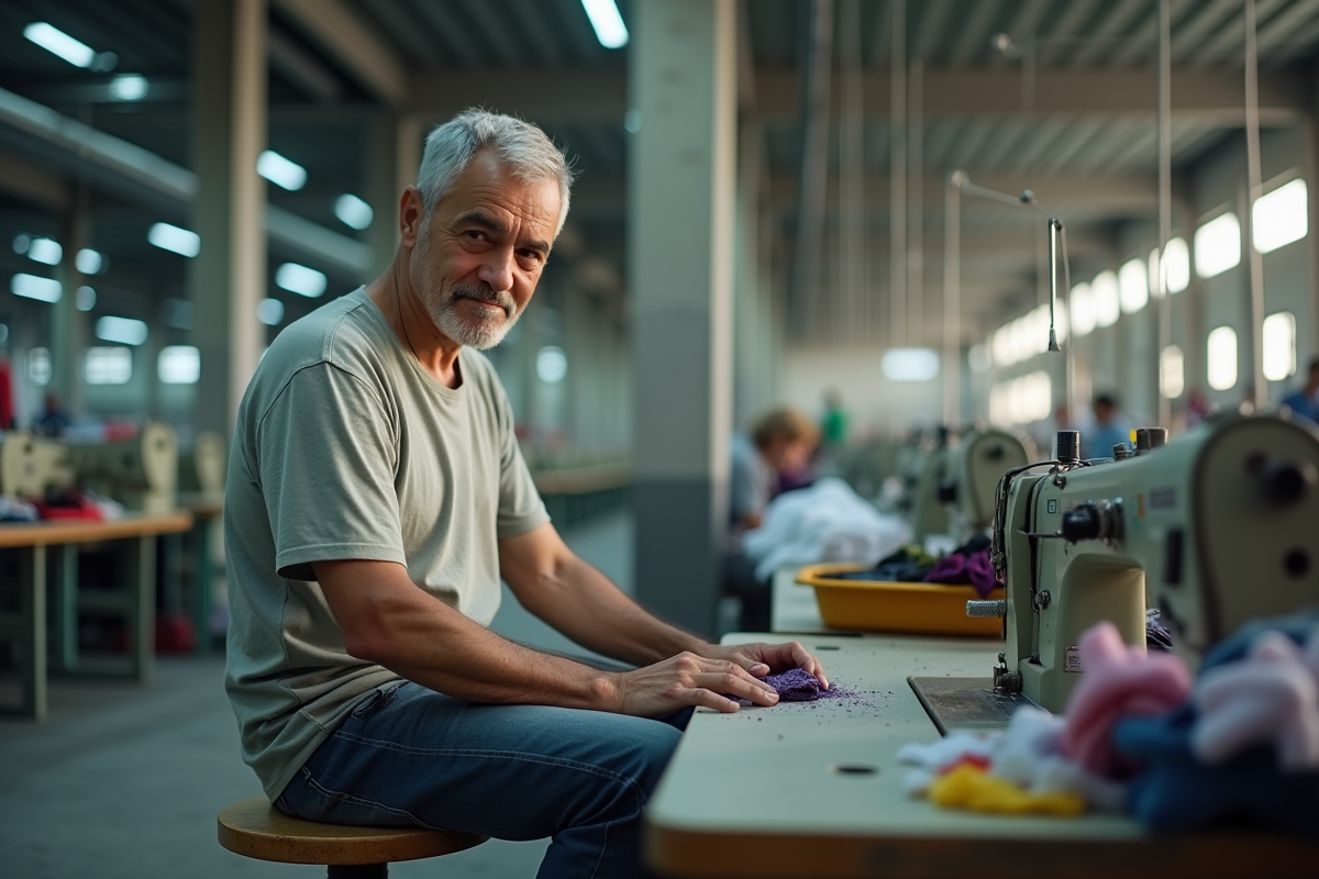 Ouvrier textile dans une usine avec machines et tissus