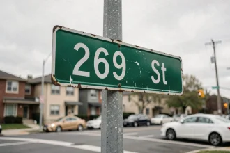 Panneau de rue indiquant '269 St' à une intersection urbaine, illustrant la confusion entre rue, route et avenue