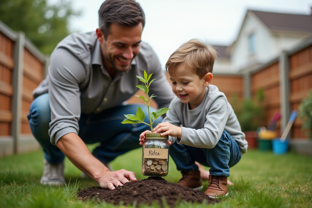 Père et fils plantant un arbre dans leur jardin familial