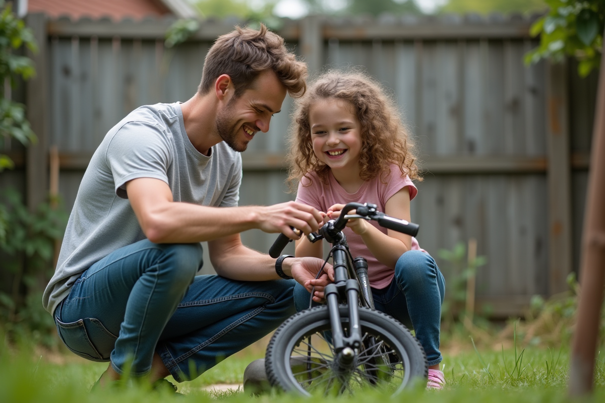 Père et fille réparent un vélo dans le jardin