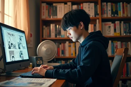 Jeune homme passionné de manga travaillant sur un site de scantrad devant son ordinateur entouré de volumes manga