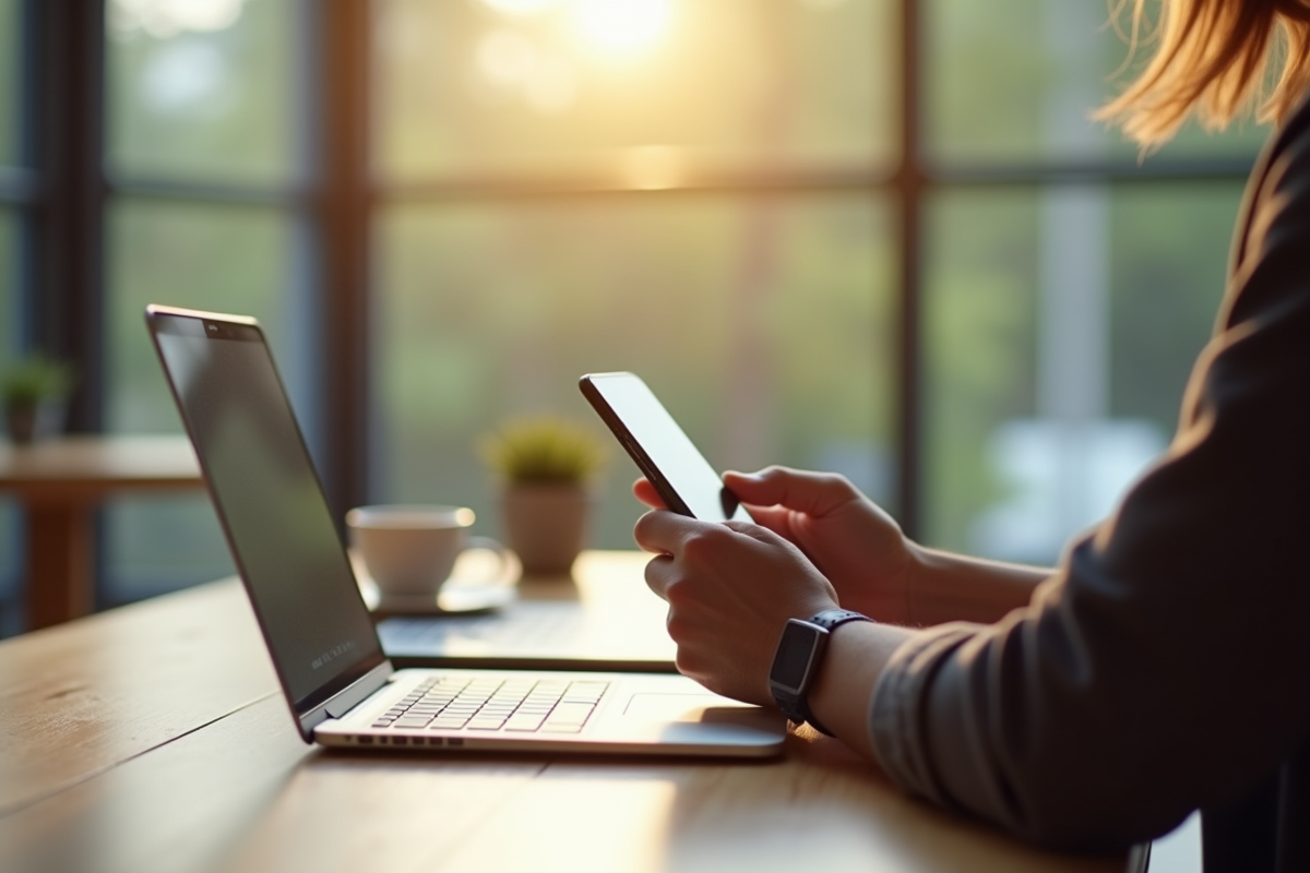 Personne configurant un smartphone par commande vocale