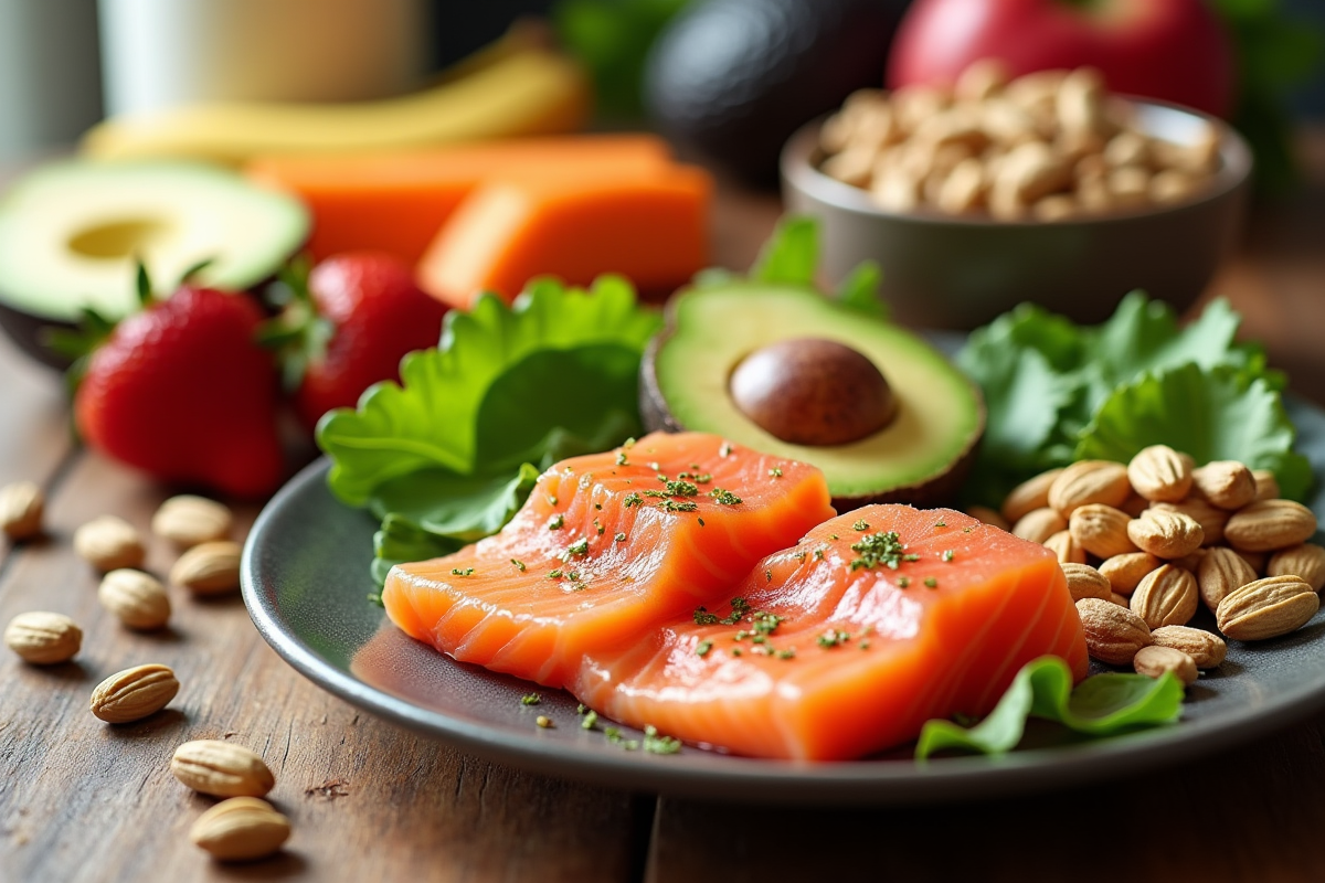 Petit déjeuner sain avec saumon avocat et noix riches en vitamine PP