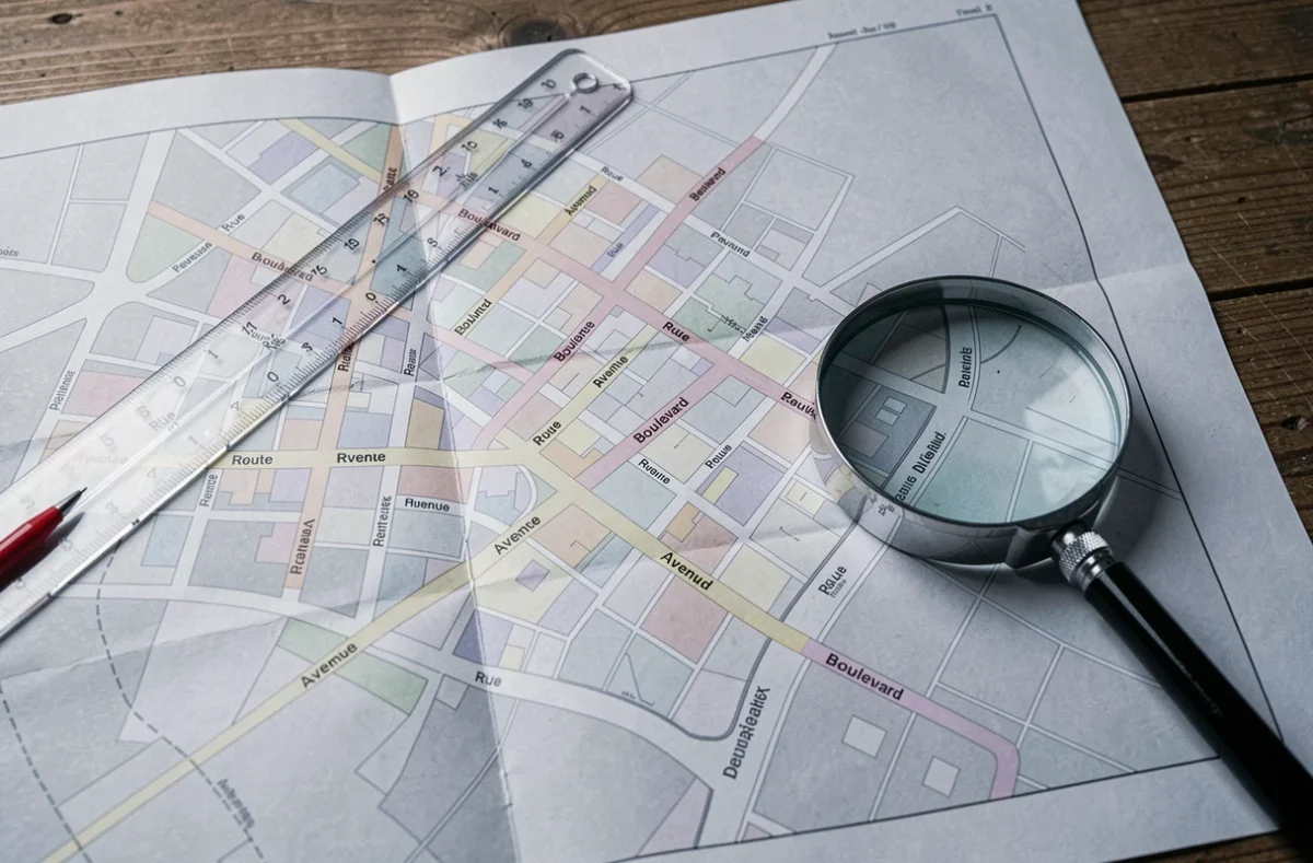 Plan urbain annoté avec différentes appellations de voies comme rue, route et avenue, vu de dessus sur un bureau en bois