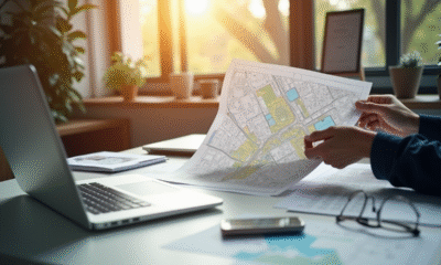 Personne étudiant un plan d'urbanisme dans un bureau lumineux
