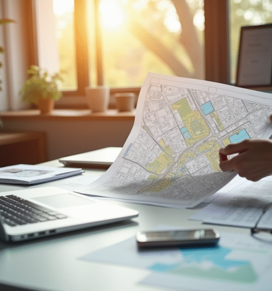 Personne étudiant un plan d'urbanisme dans un bureau lumineux