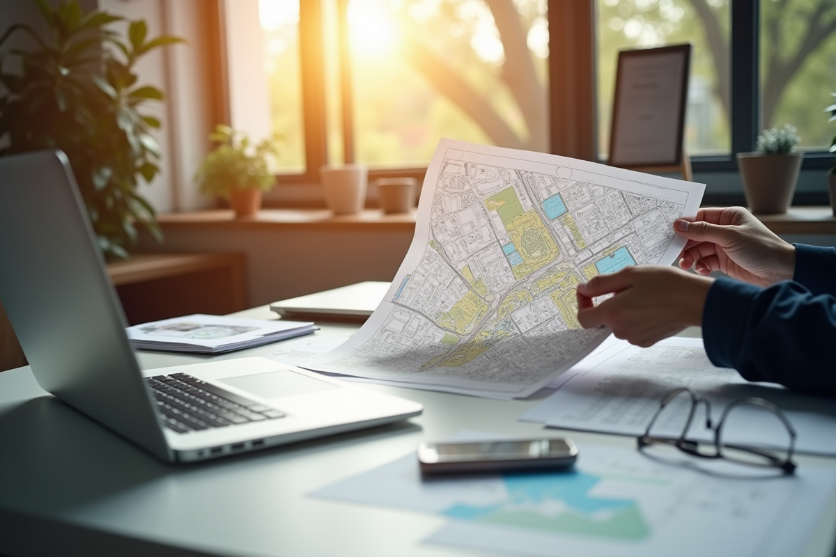 Personne étudiant un plan d'urbanisme dans un bureau lumineux