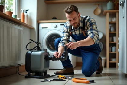 Plombier homme en overalls répare une pompe à eau moderne