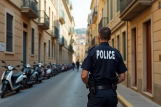 Agent de police municipale de Marseille en patrouille dans un quartier résidentiel aux façades usées