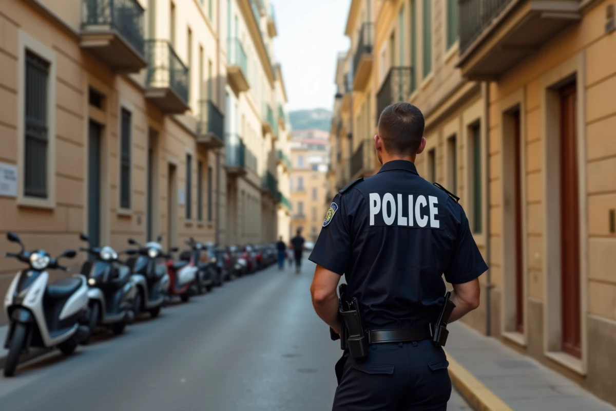 Agent de police municipale de Marseille en patrouille dans un quartier résidentiel aux façades usées