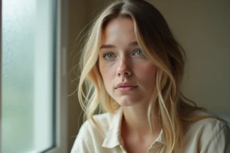 Portrait en gros plan d'une femme aux yeux bleus naturels, illustration de la rareté de cette couleur d'yeux dans la population mondiale