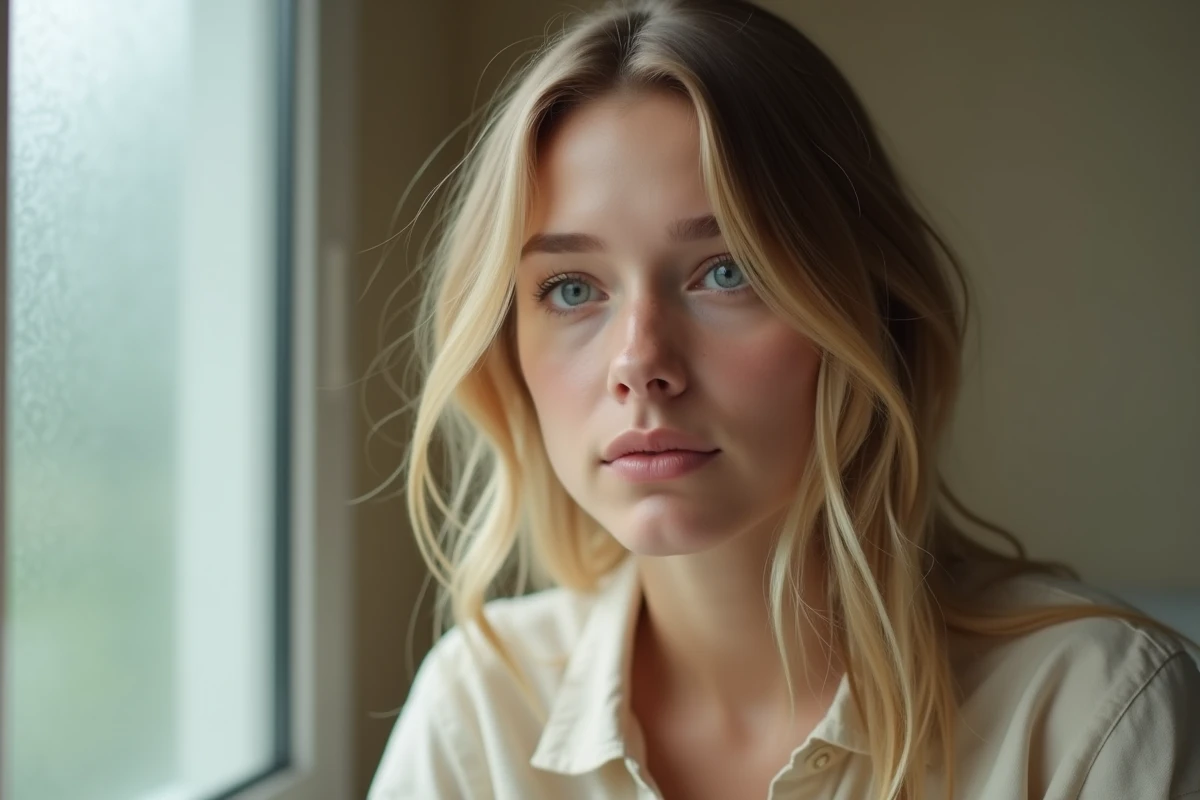 Portrait en gros plan d'une femme aux yeux bleus naturels, illustration de la rareté de cette couleur d'yeux dans la population mondiale