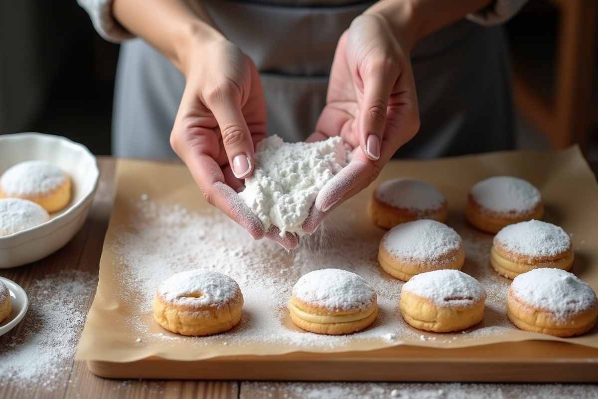 Main saupoudrant du sucre glace sur biscuits à la cuillère
