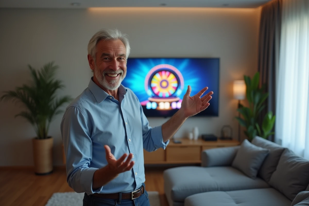 Homme s'entraînant à se présenter devant un jeu télévisé La roue de la fortune affiché sur son écran de salon