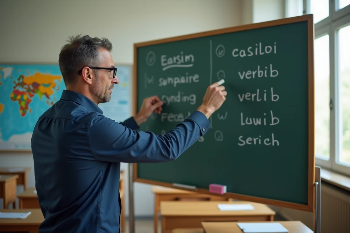 Professeur expliquant les conjugaisons de l'impératif français au tableau noir dans une salle de classe