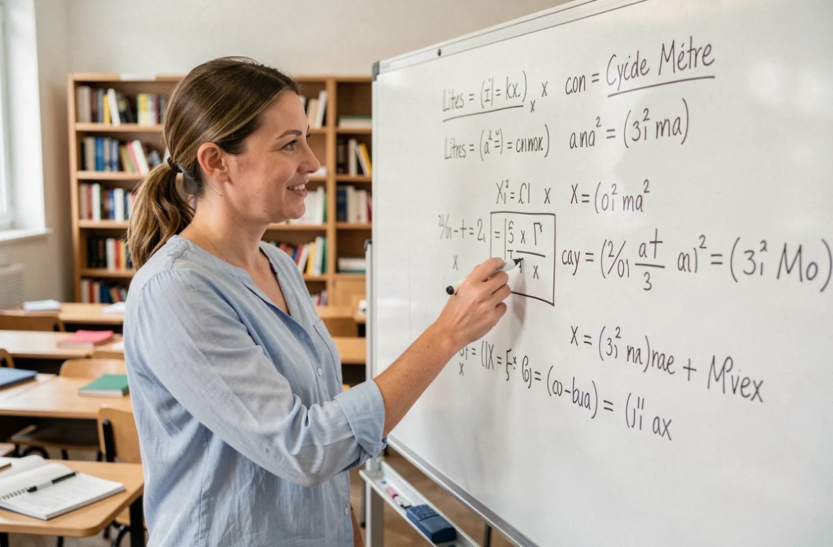 Professeure de mathématiques au tableau blanc expliquant la conversion litres mètre cube avec des formules manuscrites