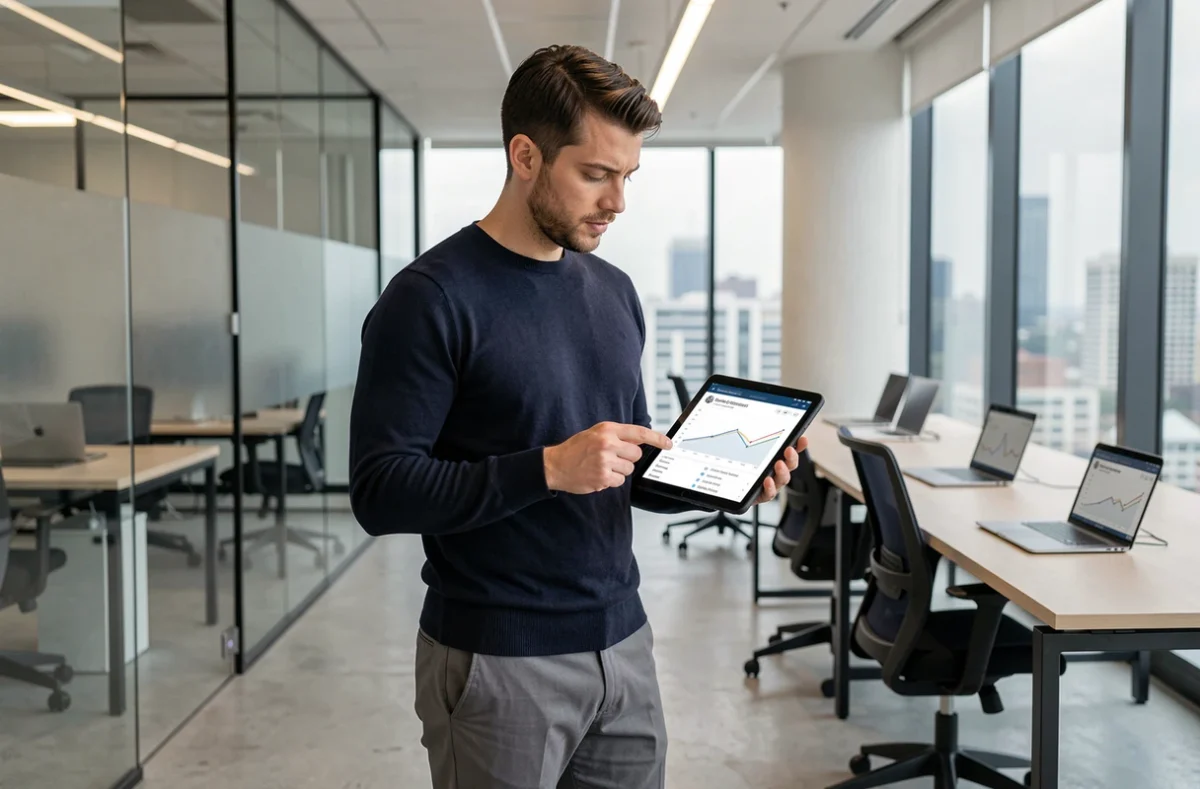 Professionnel du marketing digital analysant des tendances de réseaux sociaux en anglais sur une tablette dans un bureau moderne