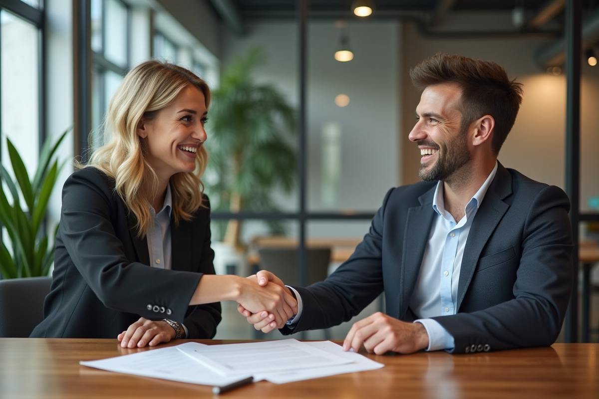 Deux professionnels souriants se serrent la main dans un bureau moderne