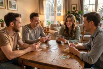 Quatre amis jouent aux cartes autour d'une table en bois