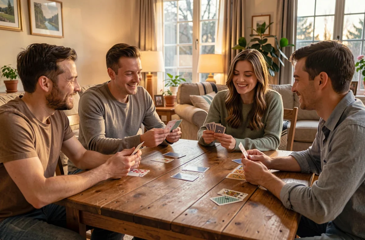 Quatre amis jouent aux cartes autour d'une table en bois