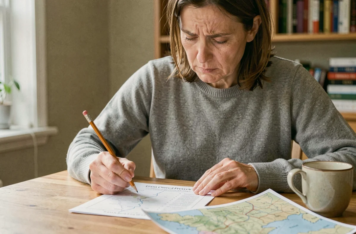 Femme consultant un quiz imprimable sur les fleuves de France à une table en bois