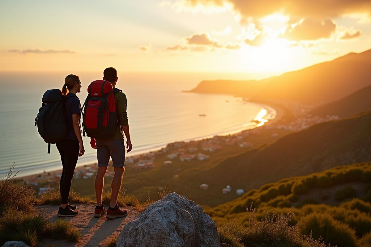Deux randonneurs au coucher de soleil sur une crête rocheuse