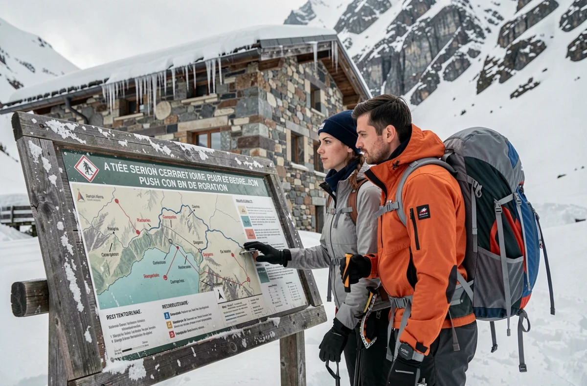 Deux randonneurs consultant un panneau de carte des zones dangereuses en montagne française en hiver
