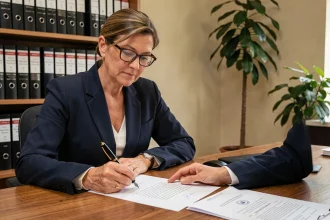 Femme professionnelle rédigeant une lettre formelle à la main avec un stylo plume sur un bureau en bois dans un bureau administratif