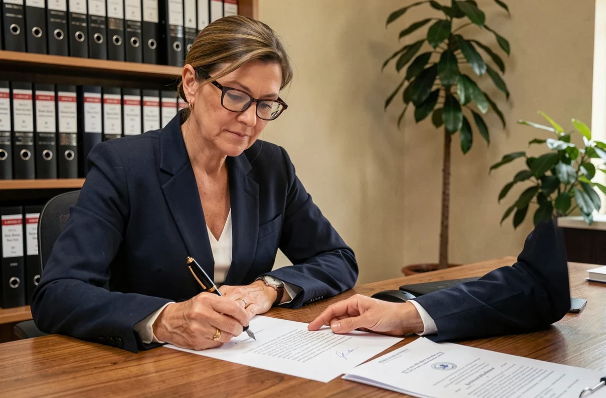 Femme professionnelle rédigeant une lettre formelle à la main avec un stylo plume sur un bureau en bois dans un bureau administratif