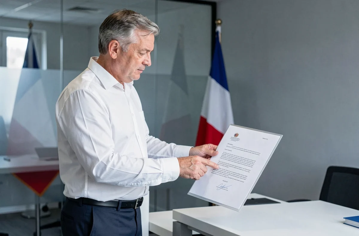 Homme en chemise blanche relisant la formule de politesse d'une lettre officielle adressée au préfet dans un bureau administratif moderne