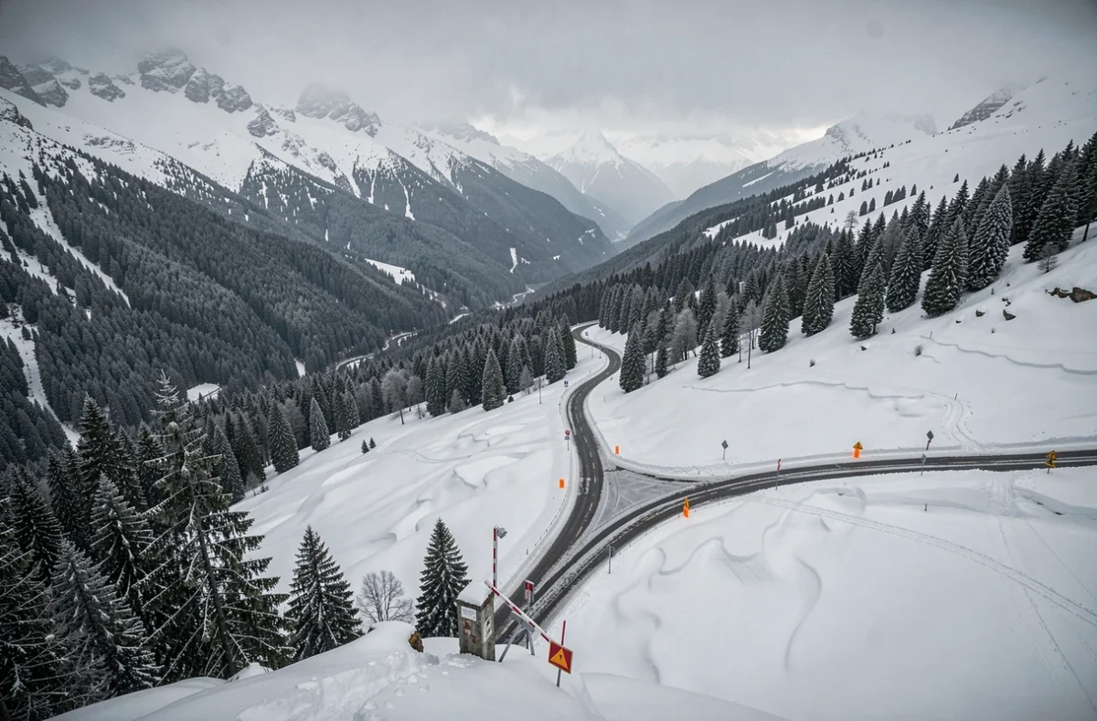 Vue aérienne d'une route de montagne française fermée en hiver avec signalisation de zone à risque d'avalanche