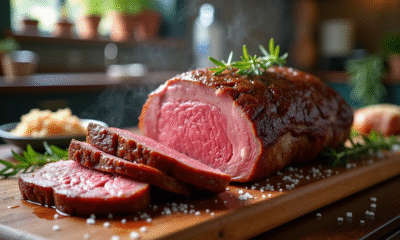 Rôti de boeuf tranché sur planche en bois avec thermomètre