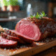 Rôti de boeuf tranché sur planche en bois avec thermomètre