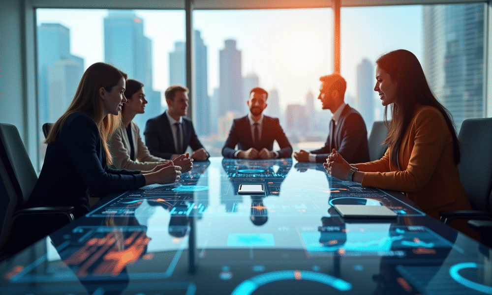 Salle de réunion moderne avec professionnels et écran digital