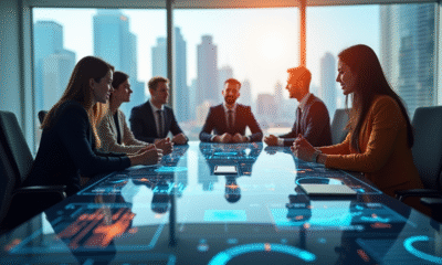 Salle de réunion moderne avec professionnels et écran digital