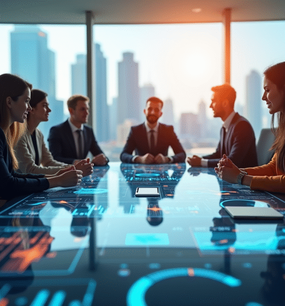 Salle de réunion moderne avec professionnels et écran digital
