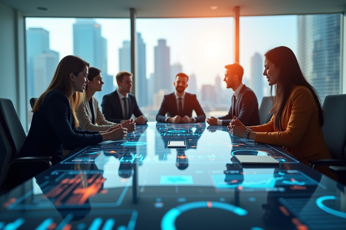 Salle de réunion moderne avec professionnels et écran digital