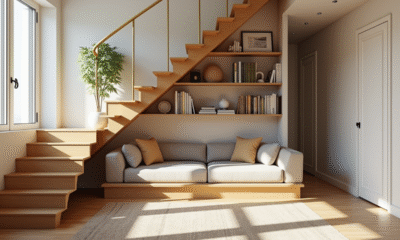 Salon lumineux avec coin lecture sous l'escalier en bois