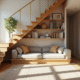 Salon lumineux avec coin lecture sous l'escalier en bois