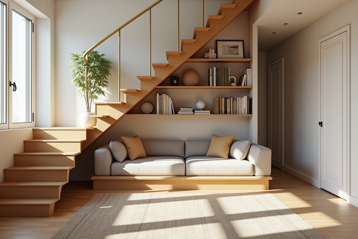 Salon lumineux avec coin lecture sous l'escalier en bois