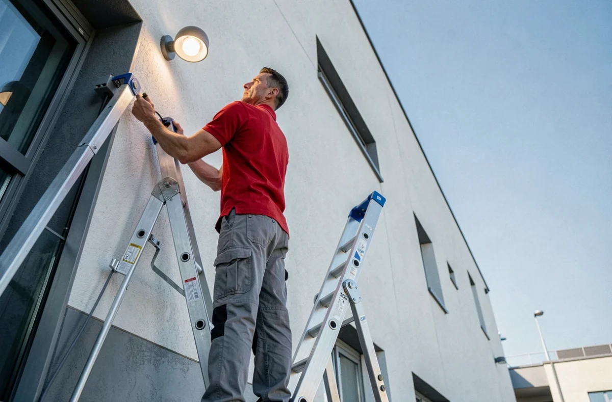 Électricien SAS Grivel Electricite installant des luminaires extérieurs sur un bâtiment commercial dans les Vosges