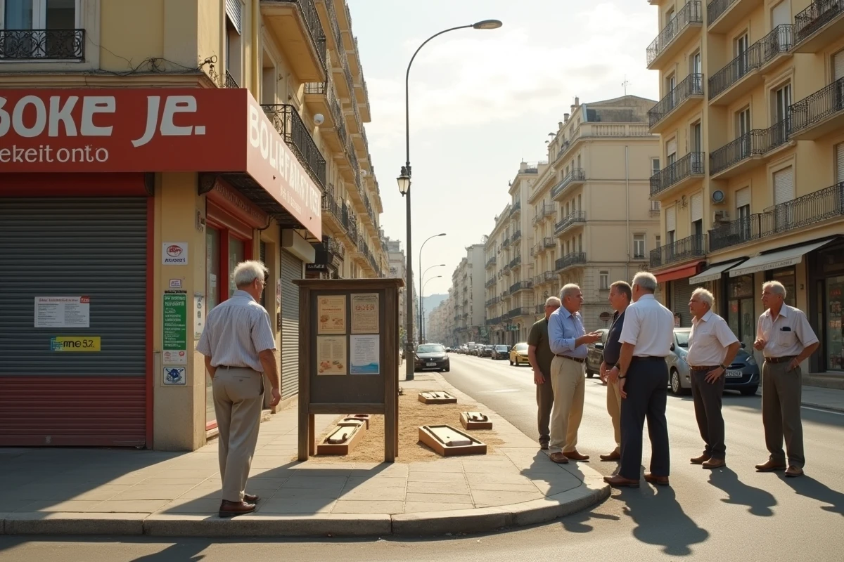 Scène de rue authentique dans un quartier populaire de Marseille avec joueurs de pétanque et commerces locaux