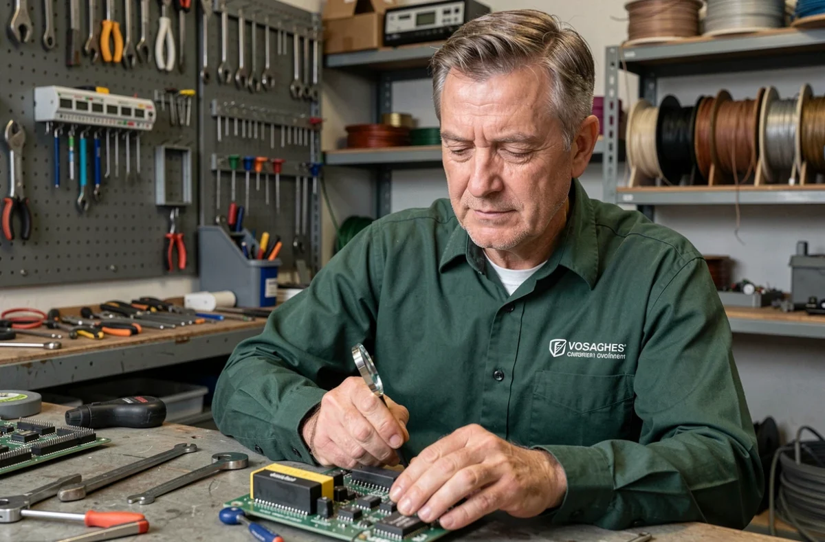 Technicien Sedelec Electricite examinant un circuit électrique dans un atelier d'électricité dans les Vosges