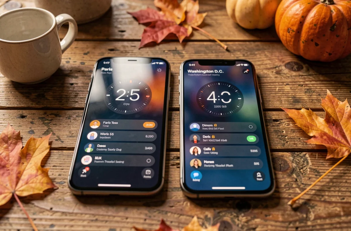 Deux smartphones affichant l'heure de Paris et Washington sur une table en bois avec des feuilles d'automne lors du changement d'heure